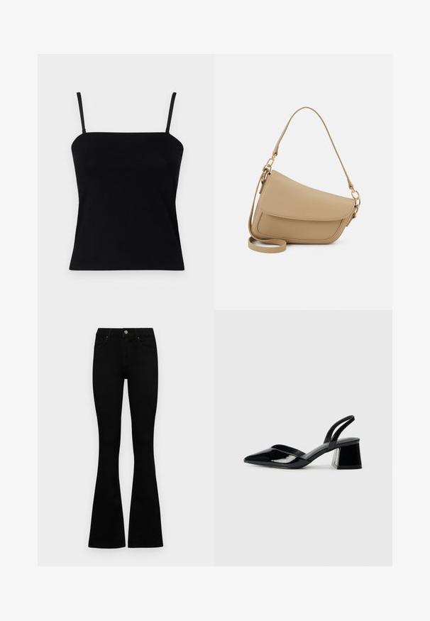 GAP COMPACT TUBE - Top - black; Jeans negri cu talie înaltă, cu închidere prin nasture și fermoar, buzunare frontale și picioare evazate, așezați pe un fundal alb.; Pantofi cu toc slingback din piele lacuită neagră, cu vârf ascuțit și toc geometric. Prezintă un design elegant, minimalist și o textură netedă.; Even&Odd Geantă de mână - beige