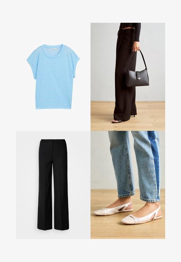 Heledsinine triibuline T-särk lühikeste varrukatega ja ümmarguse kaelusega. Kangas on pehme, sisaldades vaheldumisi õhukesi ja paksu valget triibu.; Mustad laiad püksid siledast kangast, millel on kõrge vöökoht, kohandatud õmblused ja minimalistlik kujundus. Ei ole nähtavat riistvara ega taskuid.; Kahvatu roosa slingback lapikute jalatsite paar, millel on terav varvas, valmistatud siledast nahataolisest materjalist. Omab külgedel lõikekohti ja lapikut kontsa.; Must musta kott, millel on struktureeritud kuju, sile tekstuur ja metallist klamber. Kombineeritud laiate mustade pükstega ja avatud varvaste sandaalidega puidust põrandal.