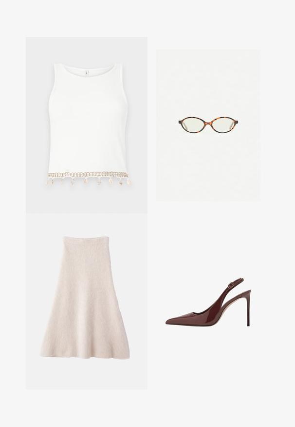 Bílý bezrukávový crop top s žebrovanou texturou, zdobený ozdobným lemem se lasturami a hvězdicemi na dolním okraji.; Světlé béžové sukně ve tvaru A vyrobená z měkké, texturované látky, má hladký pas a splývavou siluetu.; Tmavě hnědá lakovaná kožená lodička na vysokém podpatku se špičatou špičkou, nastavitelným popruhem a štíhlým jehlovým podpatkem.; Želvovinové brýle s oválnými čočkami a hladkým, jemným povrchem. Má tenké bočnice s jemným zakřivením v chrámcích. Čiré čočky.
