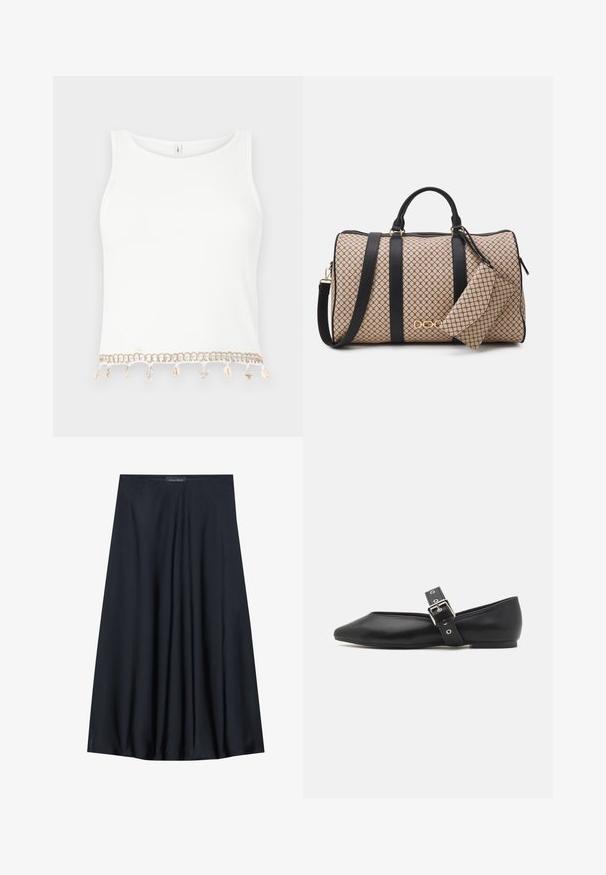 Top alb cu bretele scurte, din material cu textură ribbed, având un trim decorativ cu scoici și stele de mare la margine.; Fustă neagră, până la genunchi, fabricată dintr-un material ușor, cu un design fluid. Prezintă o textură netedă și pliseuri subtile pentru un detaliu suplimentar.; Pantofii din piele neagră, cu vârf ascuțit, curea laterală cu o cataramă din argint și toc mic. Textură netedă și design minimalist.; Geantă tip duffle cu un exterior modelat bej, curele din piele neagră, accesorii aurii și un mic pouch asortat atașat. Design structurat.; Ceas de mână rectangular cu nuanță aurie, cu un cadran alb, marcaje argintii pentru ore și o brățară din linkuri metalice durabile. Include caracteristica de rezistență la apă.
