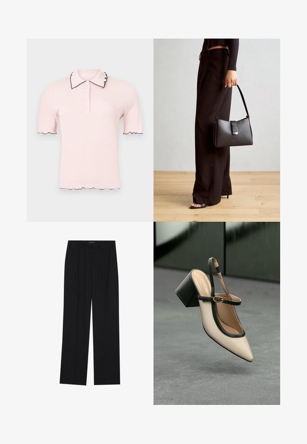 Heledad roosa polo särk, millel on soonikuline tekstuur, mustad lainelised kraed ja varrukad. Esiosas on äär mis koosneb nööpidest.; Mustad püksid sirgjoonelise disainiga, millel on kaks esist taskut ja muudatus. Valmistatud siledast, kergekaalulisest kangast.; Beesidega teravatoe slingback king, musta äär ja kuldne pandla, tummise plokk-kontsa peal hallil põrandal tumesinise tausta ees.; Must musta kott, millel on struktureeritud kuju, sile tekstuur ja metallist klamber. Kombineeritud laiate mustade pükstega ja avatud varvaste sandaalidega puidust põrandal.