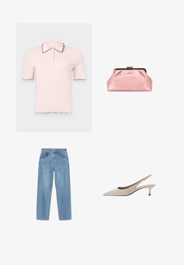 Světle růžové polo tričko s ribbed texturou, černým vlnitým límcem a rukávy. Má řadu knoflíků po přední části.; Svetle modré džíny s rovný střih, vysokým pasem, dvěma předními kapsami a klasickým zapínáním na knoflík. Mírné prošednutí a žádné ozdoby.; Béžové lodičky na podpatku s špičatou špičkou a nízkým rozšířeným podpatkem. Vyrobené z hladké kůže s minimalistickým designem a nastavitelným páskem.; Světle růžová kožená kabelka s kulatým tvarem, s nařasenými detaily a zlatě tónovaným uzávěrem. Na přední straně je umístěna logo plaketa.
