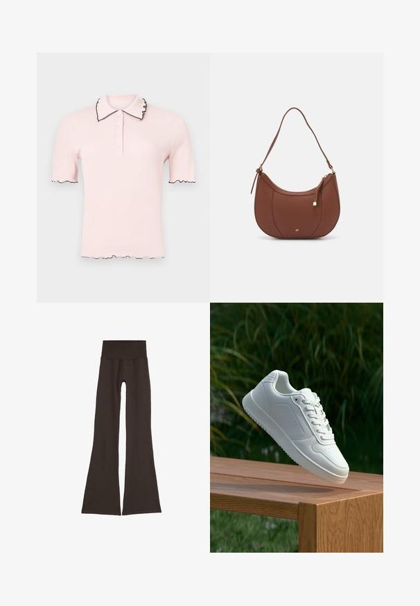 Šviesiai rožinė polo marškinėliai su reljefine tekstūra, juodu banguotu apykaklės ir rankovių kraštu. Priekyje yra mygtukų eilė.; Tamsiai rudos spalvos platėjančios legginsai su plačiu, raukinėtu juosmeniu. Pagaminti iš minkštos, elastingos medžiagos, su besiūle struktūra ir be matomos aparatūros.; Balti sneakeriai su lygia sintetine viršutine dalimi, perforuota pirštų zona, plokščiomis raištelėmis ir tekstūruotu padu, padėti ant medinės paviršiaus.; Ruda dirbtinės odos petinė piniginė su kreiva forma, minimalia siuvimo linija ir auksinės spalvos įranga. Yra užtrauktuko uždarymas viršuje ir reguliuojama petneša.