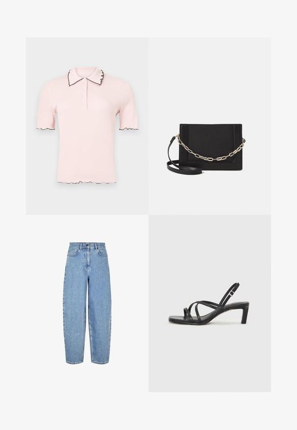 Gaišpinku polo krekls ar ribotu tekstūru, melnam izgriezumam un piedurknēm. Iekļauj virkni pogu priekšpusē.; Gaiši zili, augstās jostasvietas džinsi ar brīvu piegriezumu, taisnām kājām, piecām kabatām un vieglu izbalēšanu pie augšstilbiem.; Melnas strappy sandales ar kvadrātveida purngaliem un zemu bloku papēdi. Ievērojamas ar vairākiem plāniem siksniņām un regulējamu potītes siksniņu. Izgatavotas no gludas ādas.; Melna ādas crossbody soma ar gludu faktūru, taisnstūrveida formu un metalizētu ķēdes detaļu priekšā. Iekļauta regulējama siksna.