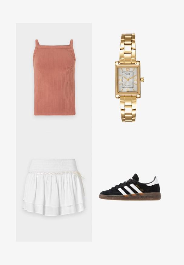 Ženský top s rebrovaným vzorom vyrobený z jemnej terrakotovej tkaniny, s tenkými ramienkami, rovný výstrih a priliehavý strih.; Biela tiered sukňa s elastickým pásom, s textúrovaným smockovaním a dekoratívnou stuhou. Bavlnená látka.; Čierne tenisky Adidas so bielymi pruhmi, zlatým textom "Spezial", gumenou podrážkou a bielym zadným pútkom, zobrazené z bočného pohľadu.; Zlatý obdĺžnikový náramkový hodinky s bielym ciferníkom, striebornými indexmi a odolným kovovým náramkom. Obsahuje vodoodolnú funkciu.