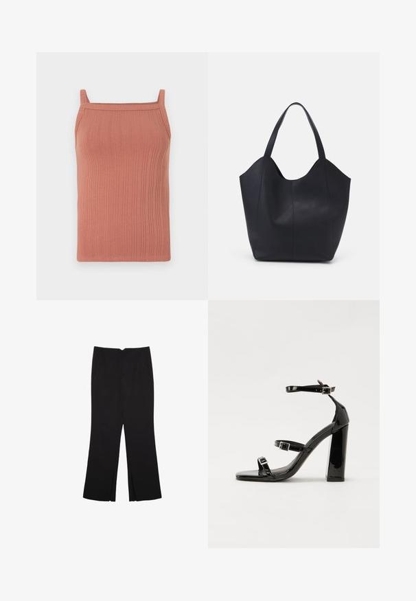 Ribbed tank top in soft terracotta fabric, featuring thin shoulder straps, a straight neckline, and a fitted silhouette.; Mustat housut suoralinjaisella leikkauksella, joissa on etutaskut ja sivurei'ät helman alla. Valmistettu pehmeästä ja sileästä kankaasta. Sopii eri tilaisuuksiin.; Musta kiiltävä korkokenkä sandaalit neliönmuotoisella varpaalla, nilkkaremmillä ja hopeisilla soljilla. Varustettu tukevalla lohkokorkealla vakauden takaamiseksi.; Mustat kangaskassit, jotka on valmistettu sileästä nahasta, jossa on kaareva, avoin yläosa, kaksi olkahihnaa ja minimalistinen muotoilu.