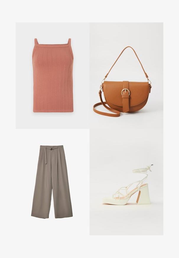 Rebrasta majica bez rukava od mekog terakota materijala, sa tankim naramenicama, ravnim izrezom i uskim siluetom.; Široke hlače u mekoj, prigušenoj sivoj tkanini, s remenom na struku i plisiranim detaljima za dodatni dizajn. Glatka tekstura, bez uzoraka.; Bijela sandala na visokoj potpetici s debelim petom, s remenom i vezanjem oko gležnja. Glatka tekstura s platformom sprijeda za dodatnu visinu.; Smeđa kožna torba preko tijela s zakrivljenim oblikom, zlatnim metalnim detaljima i naglaskom na kopču. Ima odvojivu naramenicu.