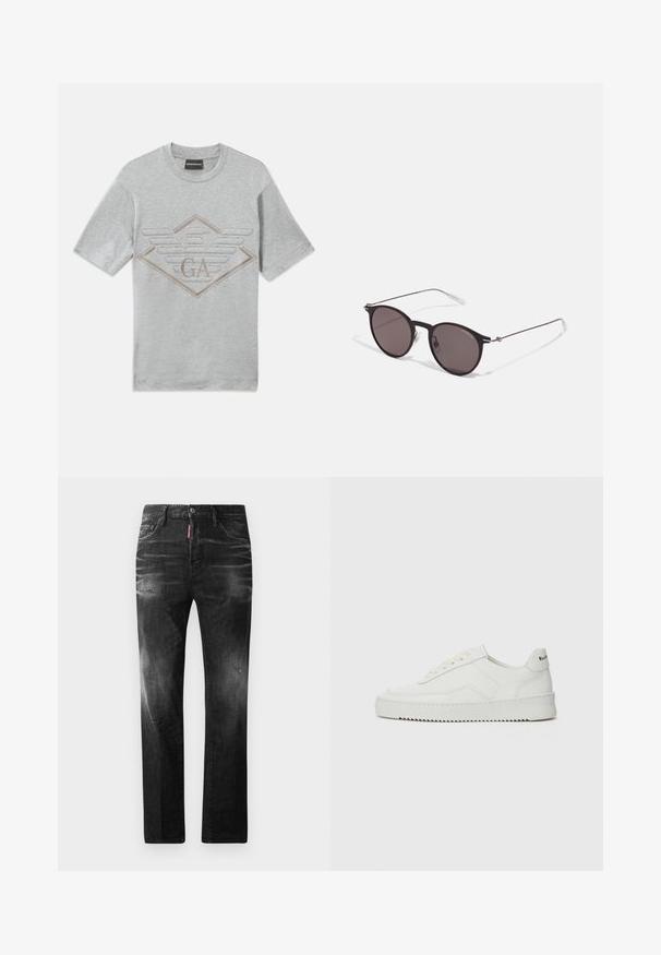 Pilkos spalvos trumpomis rankovėmis marškinėliai pagaminti iš medvilnės. Puošti siuvinėtu deimanto logotipu su "GA" ir sparnų detalėmis, esančiomis smėlio spalvos. Apvalūs kaklo iškirpimas.; Juodi džinsai su tiesiu kirpimu. Spalvoti svyrantys plotai, šiek tiek sugadinti, klasikinis penkių kišenių dizainas ir mygtuko uždarymas.; Balti odiniai sportiniai bateliai su lygia apdaila, apvaliu pirštu, plokščiais raišteliais ir tekstūruotu padu. Pasižymi subtiliu logotipu ant kulno.; Juodos apvalios saulės akinių su tamsiais lęšiais ir plonomis metalinėmis šakomis. Įtraukti skaidrūs šventyklų galai ir sidabriniai akcentai vyrio srityje. Minimalistinis dizainas.