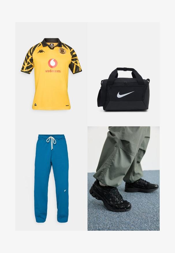Yellow short-sleeve soccer jersey with black accents and a unique patterned design on sleeves. Features logos and a collar. Lightweight material.; Blue sweatpants with a drawstring waist, ribbed cuffs, soft texture, and a small logo on the left side. Versatile and comfortable design.; Black athletic sneakers with glossy and mesh textures, featuring a thick sole and laces, paired with loose olive-green cargo pants.; Black duffel bag with a smooth fabric, dual zippered compartments, padded handles, and a large white Nike logo on the front.