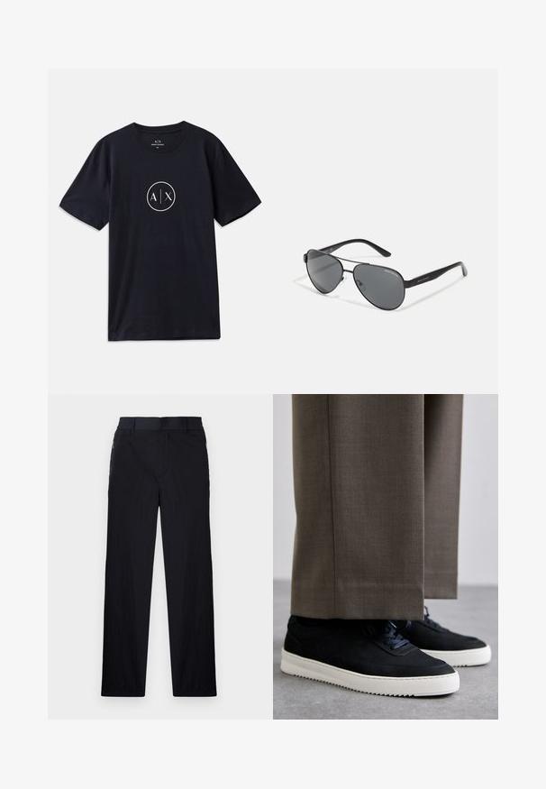 Námornícky modré bavlnené tričko s okrúhlym výstrihom, krátkymi rukávmi a kruhovým bielym logom, na ktorom sú v strede písmená "A" a "X".; Čierne nohavice z ľahkého textúrovaného materiálu, s priamym strihom, elastickým pásom a bočnými zipsovými vreckami.; Čierne semišové tenisky s bielymi gumovými podrážkami, s okrúhlym prstom a šnúrkami, nosené s šedými vypracovanými nohavicami.; Čierne aviator slnečné okuliare s tmavými sklami, tenkým kovovým rámom a štíhlymi plastovými stranami so zdobením loga.