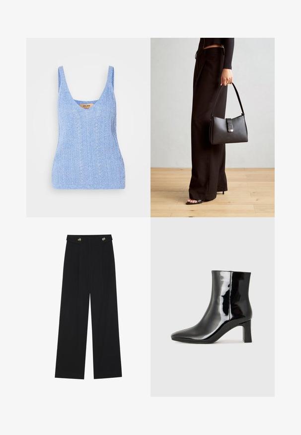 Lyseblå strikket tanktopp med brede skulderstropper, dyp V-utringning og en strukturert mønster. Stoffet har et mykt, pustende utseende.; Svart vide bukser med høy midje, knappdetaljer på midjebåndet og frontplisser.; Sorte patentlær ankle boot med spiss tå og en mellomhøy blokkhelt. Glatt tekstur og minimalistisk design.; Svart håndveske med strukturert form, jevn tekstur og metallisk lås. Kombinert med brede svarte bukser og sandaler med åpen tå på tregulv.