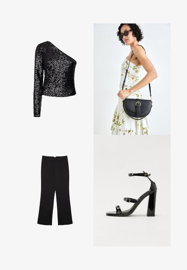 Schwarzes Pailletten-Top mit einem langen Ärmel und asymmetrischem Ausschnitt. Verfügt über ein enges, strukturiertes Design mit glitzernder Oberfläche.; Schwarze Hose mit geradem Schnitt, ausgestattet mit Fronttaschen und Seitenschlitzen am Saum. Hergestellt aus weichem, glattem Stoff. Geeignet für verschiedene Anlässe.; Schwarze Lackleder-Sandalen mit hohen Absätzen, zwei Riemen mit Schnallen, quadratischer Zehenpartie und klobigem Blockabsatz, mit einer glatten, glänzenden Textur.; Schwarze Lederhandtasche mit geschwungener Form, abnehmbarem Tragegurt und goldenen Beschlägen. Die Tasche verfügt über einen Deckel mit einer Schnallen-Details.