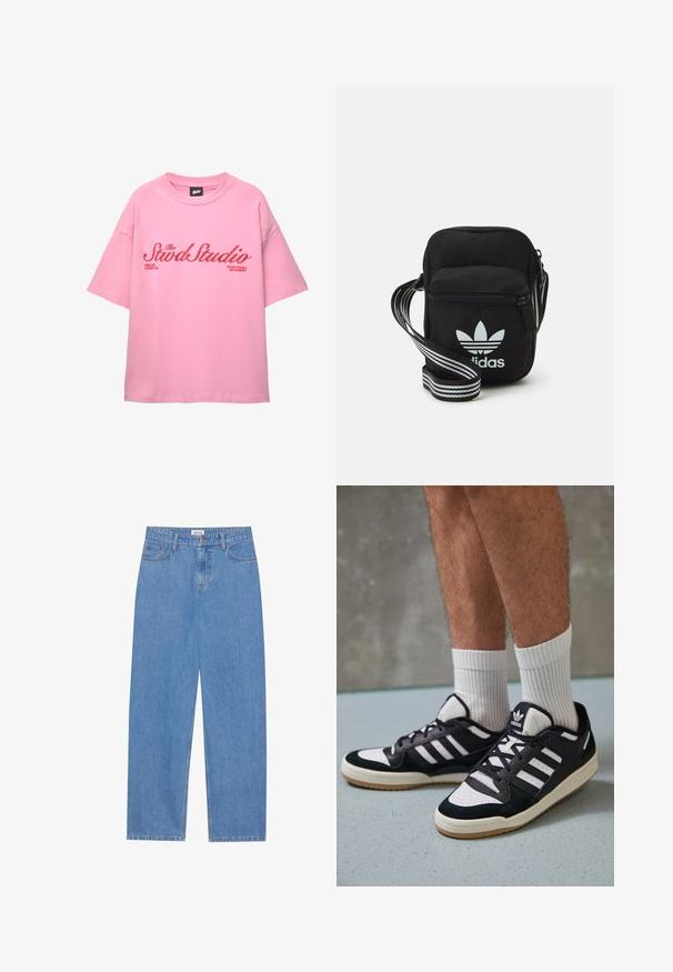 Růžové tričko s krátkým rukávem vyrobené z bavlny, které má červený nápis "The Stwd Studio" a "Fine Art Exhibition" s volným, uvolněným střihem.; Svetle modré džíny s rovnýma nohavicema, designem se pěti kapsami, zapínáním na jeden knoflík a jemnými detaily šití na švech.; Černobílé tenisky s vrchní částí z semišové a kožené kůže, včetně tří bílých pruhů, perforovaného špičky a podrážky z gumy.; Černá crossbody taška z látky se zipovým uzávěrem, obsahující bílé logo Adidas a pruhovaný nastavitelný popruh pro snadné nošení.