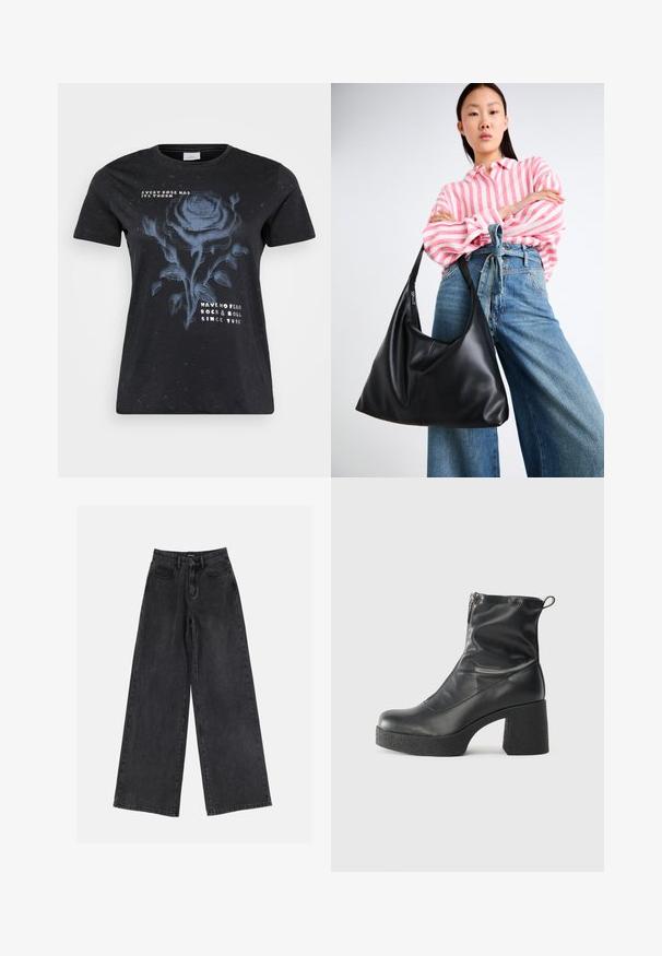 ONLY Carmakoma CARMIKO LIFE WASHED TEE - T-shirts med print - black; Svart bred ben jeans i denim med høy midje, klassisk fem-lommers design og subtil fading. Holdbart stoff med en jevn tekstur.; Svarte ankelstøvler laget av glatt lær, med glidelås på siden, chunky strukturert hæl, og rund tå-design.; Svart skinn skulderveske med en avslappet form og sømdetaljer. Modellen har på seg en rosa og hvit stripete skjorte med vide blå jeans.