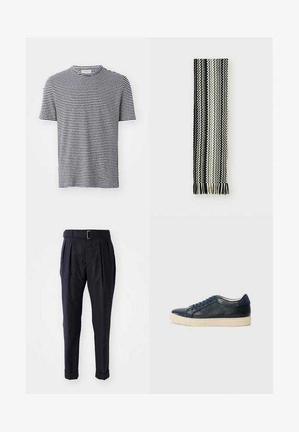 Lyhythihainen t-paita 100 % puuvillasta, jossa on pyöreä kaula-aukko ja vuorotellen navy-sinisiä ja valkoisia vaakaraitoja. Yksinkertainen, rento muotoilu.; Trousers navy blue yang terbuat dari kain ringan, dilengkapi dengan lipatan, sabuk dengan gesper metalik, dan bagian cuff yang digulung di pergelangan kaki.; Tummansininen nahkasneakeri, jossa on vaaleanruskea kumipohja, siniset nauhat ja sileä pinta. Pyöreä kärki ja minimalistinen muotoilu.; Mustavalkoinen kudottu huivi, jossa on sahalaitamainen kuvio ja fringet päässä. Kangas on pehmeä ja kevyt.