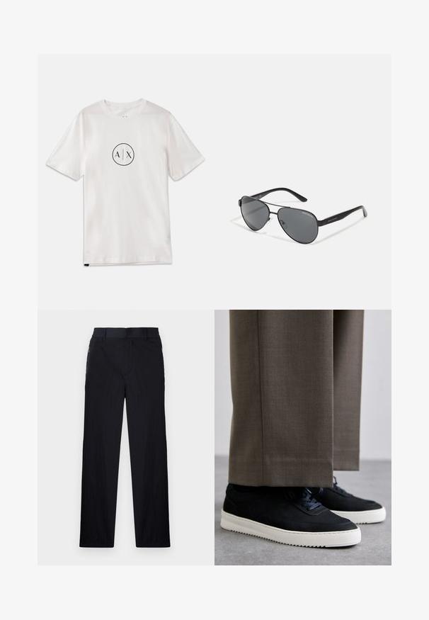 Camiseta blanca de algodón con mangas cortas, que presenta un logo circular negro con "A/X" en el centro, diseño clásico de cuello redondo.; Pantalones negros con una tela ligera y texturizada, diseño de pierna recta, cinturilla elástica y bolsillos laterales con cremallera.; Zapatillas de ante negro con suelas de goma blanca, que presentan una puntera redondeada y cordones, llevadas con pantalones grises a medida.; Gafas de sol estilo aviador negras con lentes oscuros, marco de metal delgado y brazos de plástico esbeltos con acentos de logotipo.