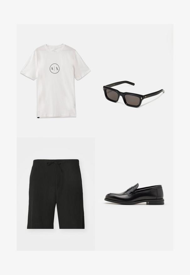 Camiseta blanca de algodón con mangas cortas, que presenta un logo circular negro con "A/X" en el centro, diseño clásico de cuello redondo.; Pantalones cortos de lino negro con cintura con cordón, que cuentan con un corte relajado y un diseño hasta la rodilla. Textura suave, estilo simple y clásico.; Mocasines de cuero negro con una textura suave, puntera redondeada y una tira decorativa en el empeine. Tacón bajo apilado, diseño minimalista.; Gafas de sol rectangulares negras con lentes oscuros, marco de plástico grueso, acentos dorados en las patillas y logotipo de la marca grabado en el brazo.