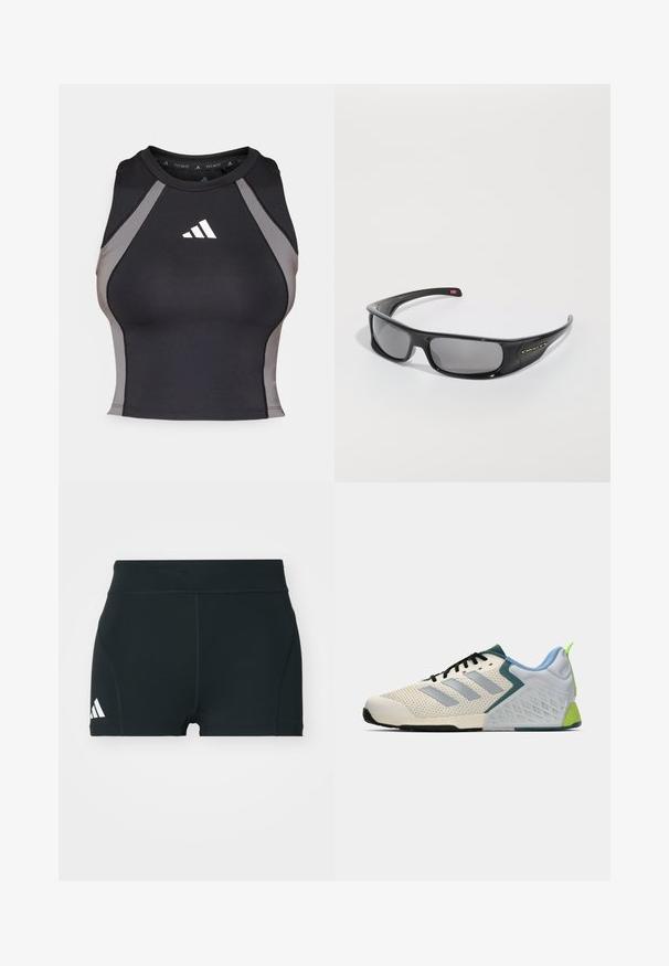 Zwart sportief tanktop met grijze zijpanelen. Beschikt over een ronde halslijn en een witte adidas-logo op de borst. Gemaakt van rekbaar materiaal.; Zwarte sportieve shorts van rekbaar materiaal, met een hoge tailleband, aangesloten pasvorm en een wit Adidas-logo aan de linkerkant.; Lichte atletiekschoenen met een crèmekleurige mesh bovenwerk, grijze strepen, een groene accent en een gestructureerde blauwe hielkap. Zwarte veters.; Zwarte Oakley wraparound zonnebril met donkere rechthoekige glazen en gebogen armen op een eenvoudige witte achtergrond.