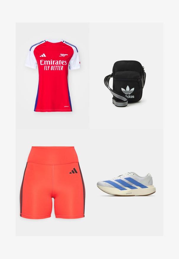 Punainen ja valkoinen lyhythihainen jalkapallopaita sinisillä yksityiskohdilla, jossa on "Emirates FLY BETTER" -logo ja Adidas-logot harteilla.; kirkkaan punaiset urheilushortsit korkealla vyötäröllä, joissa on mustat sivuraidat ja Adidas-logo. Valmistettu joustavasta kankaasta mukavuutta varten.; Valkoinen urheilukenkä, jossa on siniset raidat, teksturoitu päällinen, litteä pohja ja "LIGHTSTRIKE PRO" -brändäys sivussa. Matala profiili.; Musta kangas olkalaukku vetoketjulla, jossa on valkoinen Adidas-logo ja raidallinen säädettävä hihna helppoa kantamista varten.