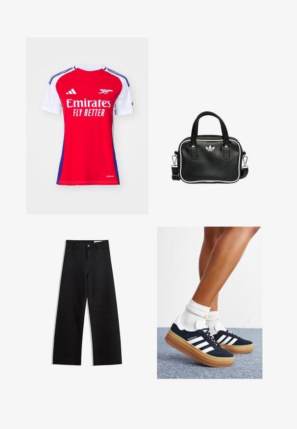 Punainen ja valkoinen lyhythihainen jalkapallopaita sinisillä yksityiskohdilla, jossa on "Emirates FLY BETTER" -logo ja Adidas-logot harteilla.; Mustat leveät farkut korkealla vyötäröllä, joissa on etu- ja takataskut, ommellut saumat ja nappisuljenta. Silkinoinen rakenne.; Musta mokkanahkainen tennari, jossa valkoiset raidat ja yksityiskohdat, pyöreä kärki, purukumipohja, yhdistetty valkoisiin ribbineuleisiin nilkkasukkiin.; Musta nahkainen käsilaukku, jossa on kaksi lyhyttä kahvaa, hopeiset yksityiskohdat, valkoiset tehosteet ja valkoinen logo. Sisältää teksturoidun pinnan ja kompaktin muotoilun.