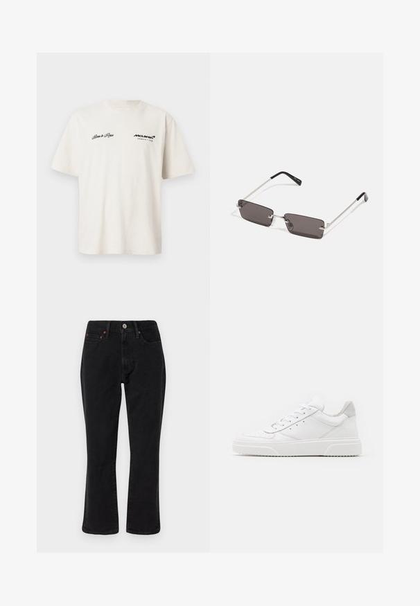 Hvid kortærmet t-shirt lavet af bomuld med sort tekst: "Born to Race" til venstre og "McLaren Formula 1 Team" til højre.; Sorte denim jeans med lige ben, fem lomme-design og metalhardware med kobberdetaljer. Glat tekstur og mellem høj midt.; Hvide lædersneakers med en glat finish, rund tå, flade snørebånd og en struktureret sål. Grå ruskindsdetalje ved hælen.; Solbriller med rektangulære, mørke grå linser, sølv metalrammer og sorte plastiks spidser på stængerne. Letvægtsdesign med næsepuder.