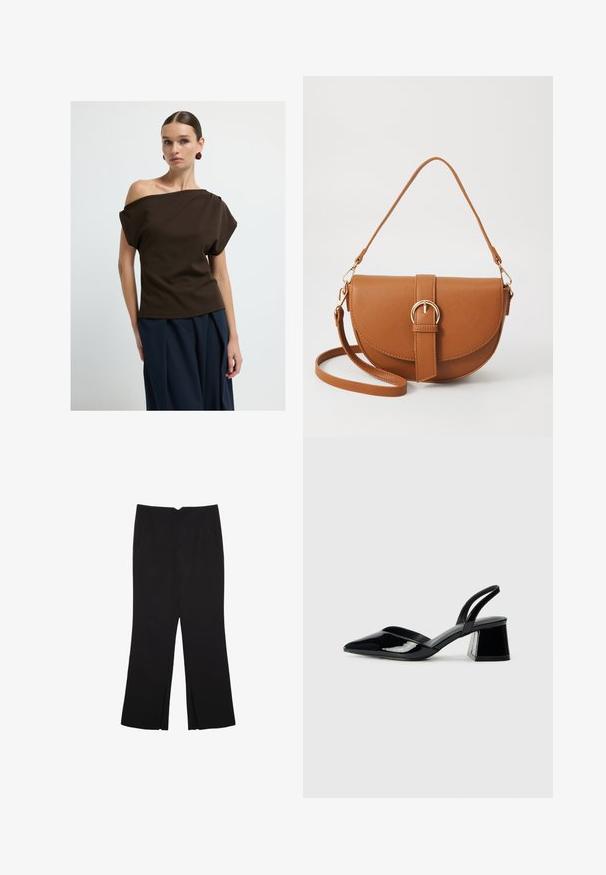 Braunes schulterfreies Top aus glattem Stoff, mit lockeren Ärmeln und lässiger Passform, kombiniert mit marineblauen weit geschnittenen Hosen.; Schwarze Hose mit geradem Schnitt, ausgestattet mit Fronttaschen und Seitenschlitzen am Saum. Hergestellt aus weichem, glattem Stoff. Geeignet für verschiedene Anlässe.; Schwarze Lackleder-Slingback-High Heels mit spitzem Schuh und einem geometrischen Blockabsatz. Verfügt über ein schlankes, minimalistisches Design und eine glatte Textur.; Braune Leder-Crossbody-Tasche mit geschwungener Form, goldfarbenen Beschlägen und einer Schnallenakzentuierung. Verfügt über einen abnehmbaren Schultergurt.