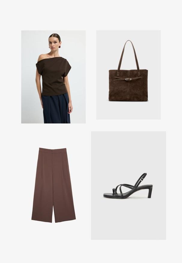 Brun af-skulderen top lavet af glat stof, med løse ærmer og en afslappet pasform, parret med marineblå, brede bukser.; Brune bredbunde bukser med en glat tekstur, der har høj talje og plisseringer foran. Stoffet er let og falder løst.; Sort remsandale med firkantet tå og en lav blokeret hæl. Har flere tynde stropper og en justerbar ankelrem. Fremstillet af glat læder.; Brun ruskinds tote bag med lange håndtag, der har et fladt design og en dekorativ rem med accent i sølvfarvet metal.