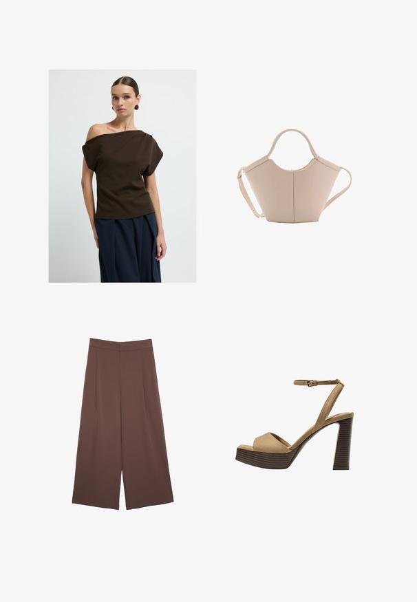 Braunes schulterfreies Top aus glattem Stoff, mit lockeren Ärmeln und lässiger Passform, kombiniert mit marineblauen weit geschnittenen Hosen.; Braune Weite-Leg-Hosen mit einer glatten Textur, hoher Taille und Vorderfalten. Der Stoff ist leicht und fällt locker.; Beige Wildleder-Pumps mit hohem Absatz, breitem Vorderband und Knöchelriemen, ausgestattet mit einem klobigen Holzblockabsatz mit strukturiertem Finish.; Beige Lederhandtasche mit einer einzigartigen Form, die zwei kurze Henkel und einen langen verstellbaren Riemen aufweist. Glatte Textur mit minimalen Hardware-Elementen.