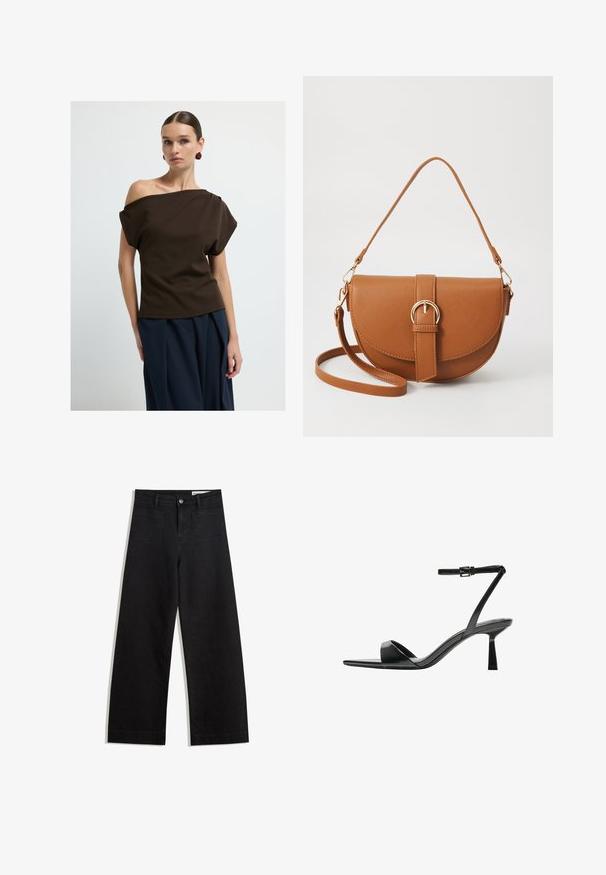 Braunes schulterfreies Top aus glattem Stoff, mit lockeren Ärmeln und lässiger Passform, kombiniert mit marineblauen weit geschnittenen Hosen.; Schwarze weit geschnittene Jeans mit hoher Taille, ausgestattet mit Vorder- und Hintertaschen, gesteppten Nähten und einem Knopfverschluss. Glatte Textur.; Bershka High Heel Sandalette - black; Braune Leder-Crossbody-Tasche mit geschwungener Form, goldfarbenen Beschlägen und einer Schnallenakzentuierung. Verfügt über einen abnehmbaren Schultergurt.