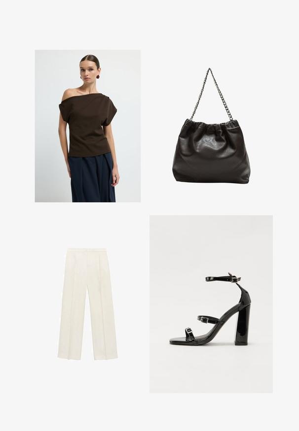 Hnědý top s volnými rameny vyrobený z hladké tkaniny, s volnými rukávy a uvolněným střihem, doplněný námořnickými kalhotami s širokými nohavicemi.; Kalhoty s širokými nohavicemi v světle krémové barvě. Vyrobené z hladké tkaniny s záhyby vpředu a bočními kapsami.; Černé lakované sandály na podpatku se čtveratou špičkou, lýtkovými pásky a stříbrnými přezkami. Disponují masivním blokovým podpatkem pro stabilitu.; Hnědá kožená taška se sbíraným vrškem a řetízkovým popruhem. Hladký povrch s lesklým finišem a jemným švem na bocích.