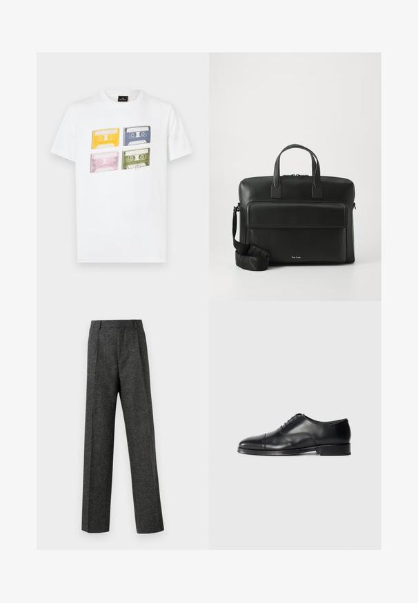 Witte katoen T-shirt met vier gekleurde cassettebandjes (geel, blauw, roze, groen) met unieke retro ontwerpen en labels die op de voorkant zijn gedrukt.; Grijze op maat gemaakte broek van gestructureerde stof, met twee voorplooien en een rechte pijp. Geen zichtbare zakken of versieringen.; Zwarte leren dresschoenen met een ronde neus, een gladde textuur, vetersluiting en een subtiele naaddetail, met een lage, platte hak.; Zwarte leren aktetas met dubbele handgrepen aan de bovenkant, een voorvak en een afneembare schouderriem, met subtiele branding aan de onderkant.