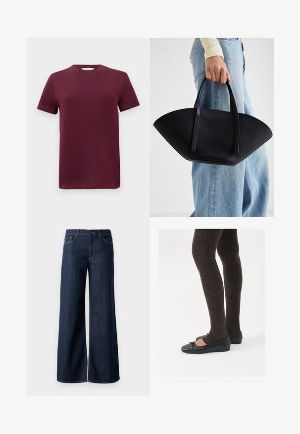 Burgundi lühikese varrukaga T-särk sujuvast puuvillakangast, ümmarguse kaelusega ja sirge alläärega. Minimalistlik disain, ilma mustrite või aktsentideta.; Laiad teksad tumesinises denimis. Omab kontrastõmblusi, viit taskut ja nupukinnitust vööl. Sile tekstuur.; Mustad mustad kingad väikese teksaga varvaste juures, koos tumedate pruunide ribakangastega. Kingadel on sile tekstuur ja madal profiil.; Must mustra kott, millel on unikaalne fännikujuline disain, millel on lapikud käepidemed. Pinna tekstuur on kivikujuline ja disain on minimalistlik.