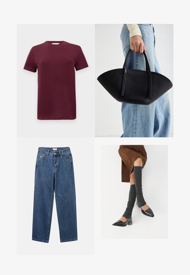 Bordeaux kortærmet T-shirt i glat bomuldsstof med rund hals og lige kant. Minimalistisk design uden mønstre eller dekorationer.; Klassiske blå denimbukser med lige ben, fem lommer og knaplukning. Har en medium vask og en robust tekstur.; Sorte patenterede lædersko med spids tå, blokhæl og ankelrem, kombineret med grå ribbede benvarmere og en brun ruskinds nederdel.; Sort læderhåndtaske med en unik vifteform, der har flade håndtag. Overfladen har en pebblelignende tekstur og et minimalistisk design.