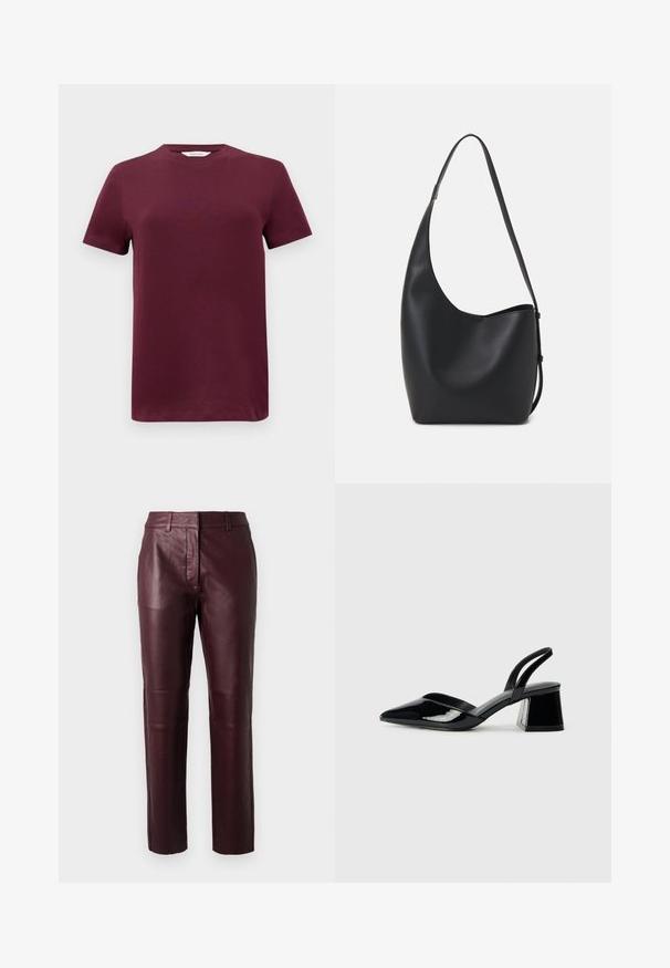Burgundské tričko s krátkým rukávem z hladké bavlněné tkaniny s kulatým výstřihem a rovnými lemy. Minimalistický design, bez vzorů nebo akcentů.; Burgundské kožené kalhoty s přiléhavým střihem, jemným leskem a hladkou texturou. Mají středně vysoký pas a rovné nohavice.; Černé lakované kožené lodičky na pásku s špičatou špičkou a geometrickým blokovým podpatkem. Vyznačují se elegantním, minimalistickým designem a hladkým povrchem.; Černá kožená hobo taška s hladkým povrchem, zakřiveným tvarem a jedním nastavitelným popruhem; má široké otevírání nahoře.