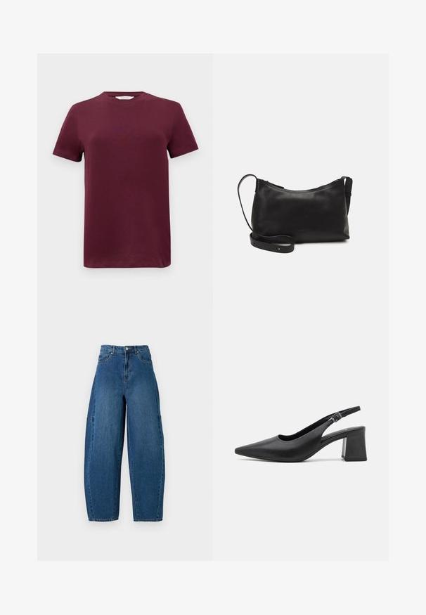 Burgundi rövid ujjú póló sima pamut anyagból, kerek nyakkivágással és egyenes aljú. Minimalista dizájn, minta vagy kiegészítő nélkül.; Közepes kék mosású farmernadrág, magas derékkal, széles lábszárral és hagyományos öt zsebes kialakítással, látható varrási részletekkel.; Fekete bőr, hátrahúzott sarkú cipő hegyes orral és vastag blokkf dấu. Állítható heveder fém csattal.; Fekete bőr válltáska sima felülettel, ívelt formával, állítható pánttal és cipzáras záródással. Minimalista dizájn díszítmények nélkül.