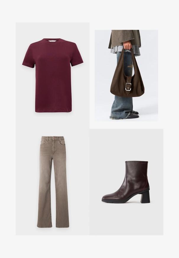 Burgunderfarget T-skjorte med korte ermer i glatt bomullsstoff, med rund hals og rett kant. Minimalistisk design, ingen mønstre eller detaljer.; Brune høy midje rette jeans med frontknapp, beltesløyfer og klassisk fem-lomme design på hvit bakgrunn.; Mørkebrun skinn ankelstøvel med blokkhæl og rund tå, utstilt på en enkel lys grå bakgrunn.; Brun stoffpose med en buet form, med en sølvspenne detalj og to brede stropper, holdt av en person som har på seg slitte jeans.