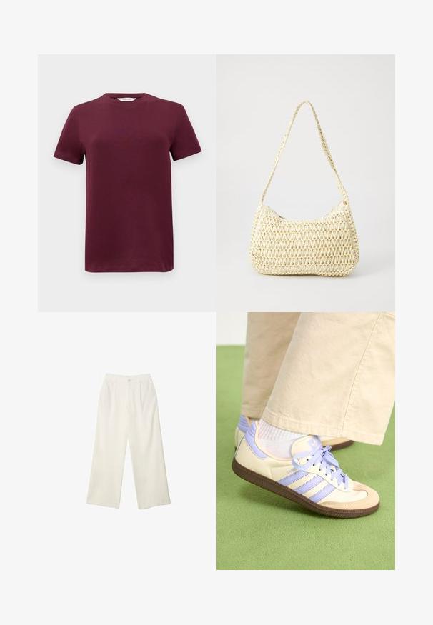 T-shirt bordeaux a maniche corte in cotone liscio con scollatura rotonda e orlo dritto. Design minimalista, senza motivi o dettagli.; Pantaloni a gamba larga in tessuto crema con una texture liscia, caratterizzati da un singolo bottone frontale, pieghe sottili e un design a vita alta.; Sneakers crema e lavanda con tre strisce e suola marrone texturizzata, dotati di lacci e tallone imbottito. Parte superiore in tessuto morbido.; Borsa a spalla intrecciata beige con forma curva e lungo manico intrecciato. Presenta una superficie testurizzata e una chiusura con zip sul lato.