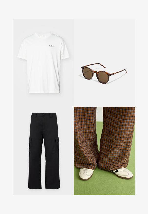 Baltas medvilnės marškinėliai su apvaliu kaklu ir trumpomis rankovėmis. Mažas juodas "Pepe Jeans" logotipas viršuje kairėje krūtinės pusėje.; Juodi cargo kelnės su tiesiu kojų dizainu. Pagamintos iš tvirto audinio, turi dvi šonines kišenes su užsegamais dangteliais ir mygtukų užtrauktuką.; Rudos ir mėlynos langelinės plačios kelnės, derinamos su baltais batais su juodais akcentais ir tekstūruotais padais, prieš žalią foną.; Apvalūs saulės akiniai su vėžlio kiauto rėmu ir rudais objektyvais. Yra plonos šventyklos su šiek tiek tekstūra ir metaliniais akcentais šalia objektyvų.