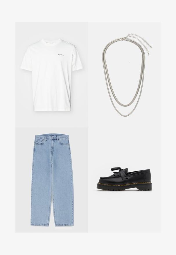 Camiseta blanca de algodón con cuello redondo y mangas cortas. Pequeño logo negro de "Pepe Jeans" en la parte superior izquierda del pecho.; Jean de mezclilla azul claro con diseño de pierna recta, con una cintura de altura media, cinco bolsillos y un cierre de botón y cremallera.; Mocasín de cuero negro con un acento de borlas, que presenta una suela gruesa negra y costuras amarillas a lo largo del borde. Acabado texturizado.; Collar de metal plateado de tres capas que presenta cadenas flexibles y elegantes con un ligero brillo, asegurado con un cierre de langosta y cadena ajustable.