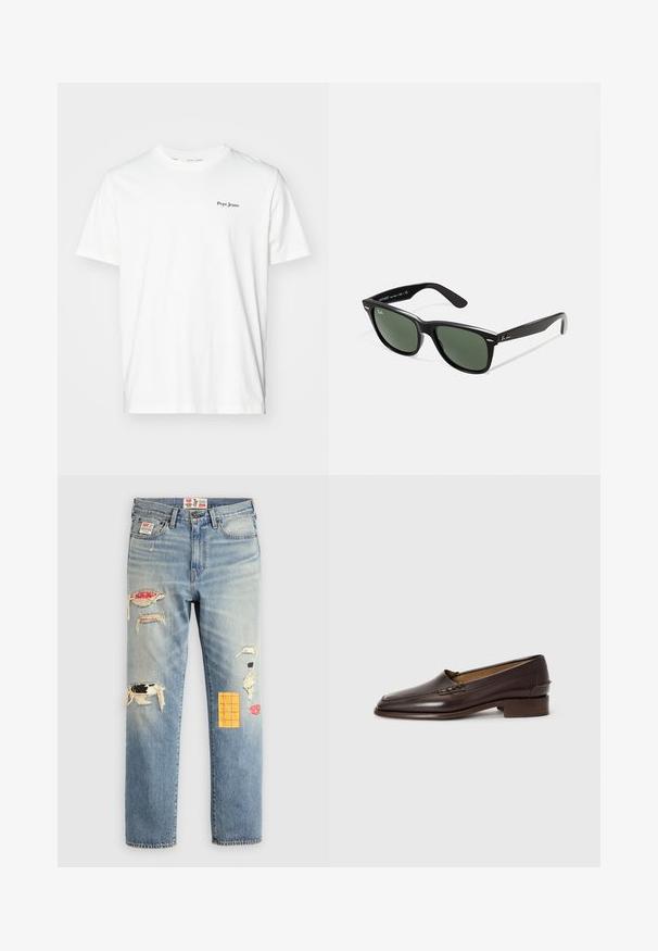 Bílý bavlněný tričko s kulatým výstřihem a krátkými rukávy. Malé černé logo "Pepe Jeans" na levé straně hrudníku.; Svetle modré džíny s volným střihem, s vybledlými nášivkami v různých barvách a designech, včetně oranžových a červených akcentů.; Hnědé kožené loafers s mírně špičatou špičkou, nízkým stohovaným podpatkem a dekorativním šitím na svršku. Hladká textura, minimalistický design.; Černé plastové sluneční brýle se zelenými skly, čtvercové obroučky, stříbrný detail na obočí a texturované stranice. Značka uvedená na vnitřní straně stranic.
