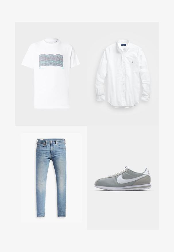 Άσπρη βαμβακερή μπλούζα με κοντό μανίκι, που διαθέτει πολύχρωμο σχέδιο κυμάτων και κείμενα "MIAMI" και "20-97" τυπωμένα μπροστά. Στρογγυλή λαιμόκοψη.; Λευκό πουκάμισο μακριά μανίκια με κουμπιά από βαμβάκι. Διαθέτει κλασικό γιακά, κουμπιά στα μανίκια και μικρό ναυτικό κεντημένο λογότυπο στο στήθος.; Ανοιχτό μπλε τζιν σε στενή γραμμή, με ελαφριά φθορά στους μηρούς, κλείσιμο με κουμπί μπροστά, βρόχους ζώνης και πέντε τσέπες, σε λευκό φόντο.; Γκρι αθλητικό παπούτσι με επάνω μέρος από σουέτ και υφασμάτινο υλικό, λευκή σήμανση Nike, και λευκά κορδόνια. Διαθέτει αεριζόμενο καουτσούκ σόλα και επενδεδυμένο κολάρο.