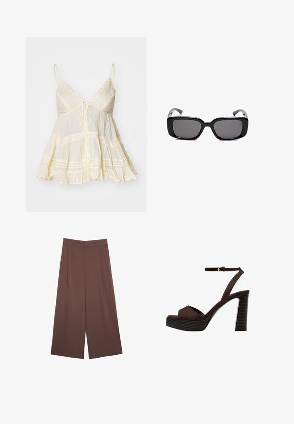Svijetlo žuta majica bez rukava s V-izrezom, podesivim trakama, prednjim kopčanjem na dugmad, valovitim rubom i čipkastim naglascima. Teksturirani materijal.; Smeđe hlače širokog kroja s glatkom teksturom, koje imaju visok struk i nabore sprijeda. Tkanina je lagana i slobodno se kreće.; Smeđe zamšaste sandale s visokim potpeticama, otvorenim prstima, podesivom trakicom oko gležnja i prugastom platformom.; Crne pravokutne sunčane naočale s tamnim lećama, glatkim plastičnim okvirom i zakrivljenim državama. Dizajn je masivan s minimalističkom estetikom.