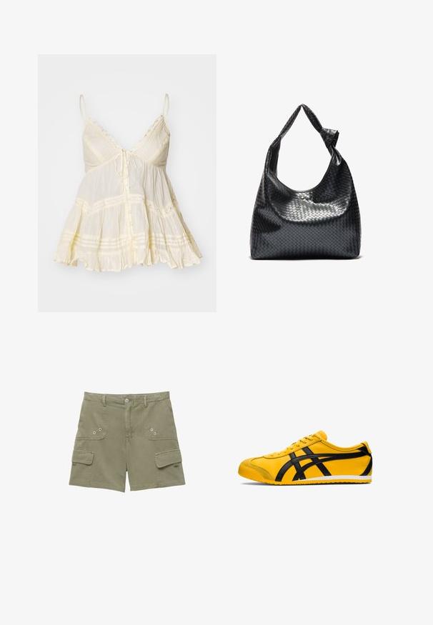 Jasnożółta bezrękawnikowa bluzka z dekoltem w serek, regulowanymi ramiączkami, zapięciem na guziki z przodu, falbaniastym wykończeniem i koronkowymi akcentami. Teksturowana tkanina.; Spodenki cargo w oliwkowej bawełnie z dwoma kieszeniami z przodu, jedną kieszenią boczną i metalowym zapięciem. Gładka tekstura i dopasowany krój.; Żółty but sportowy z czarnymi akcentami, gładka skórzana tekstura, zakrzywiony kształt, okrągły czubek, płaska biała podeszwa i wyraźne logo na boku.; Czarna, pleciona skórzana torba o luźnym fasonie, z węzełkowym paskiem i małym dekoracyjnym złotym ćwiekiem na górze.