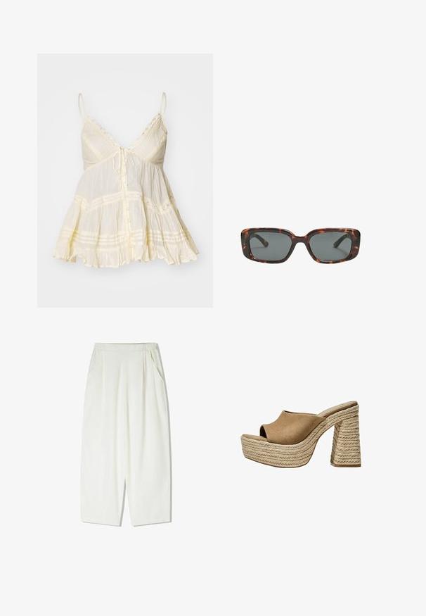 Jasnożółta bezrękawnikowa bluzka z dekoltem w serek, regulowanymi ramiączkami, zapięciem na guziki z przodu, falbaniastym wykończeniem i koronkowymi akcentami. Teksturowana tkanina.; Luźne, białe spodnie do kolan wykonane z lekkiego materiału, z bocznymi kieszeniami i marszczonym elastycznym pasem.; Brązowe zamszowe mule na platformie z otwartym noskiem, z grubo plecioną jutową obcasem i gładkim, zaokrąglonym górnym fasonem.; Okulary przeciwsłoneczne w kratkę w kształcie prostokątnym, z grubymi oprawkami i ciemnymi szkłami. Gładka faktura i minimalistyczny design.