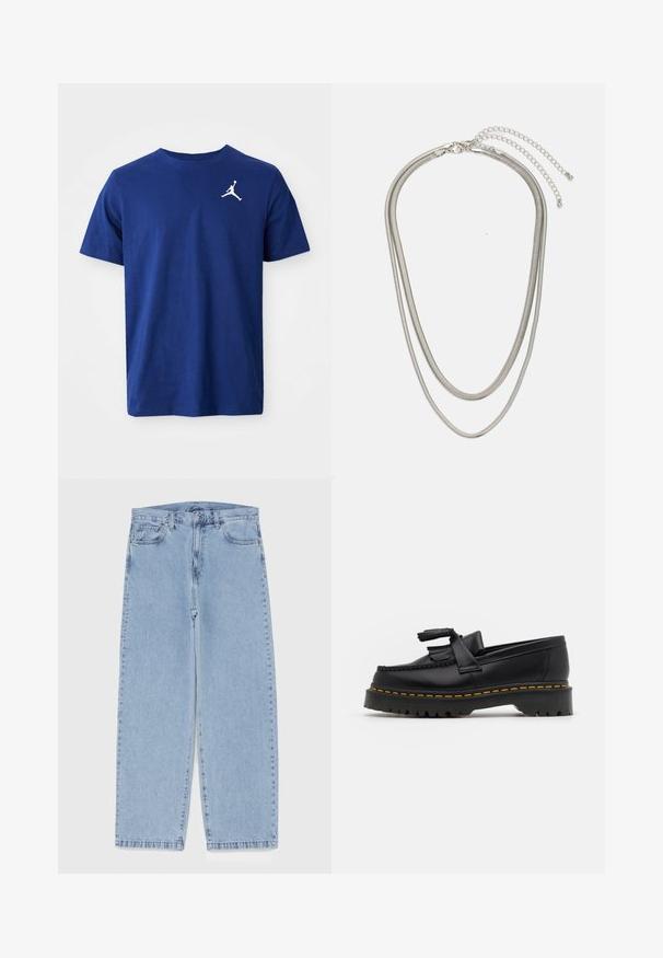 T-shirt blue a maniche corte con collo rotondo e logo Jumpman bianco sul lato sinistro del petto.; Jeans in denim azzurro chiaro con design a gamba dritta, caratterizzati da una vita media, cinque tasche e chiusura con bottone e zip.; Mocassino in pelle nera con un'accento a frange, dotato di una suola nera spessa e cuciture gialle lungo il bordo. Finitura testurizzata.; Collana in metallo argentato a tre strati caratterizzata da catene sottili e flessibili con una leggera lucentezza, fissata con un gancio a molla e una catena regolabile.
