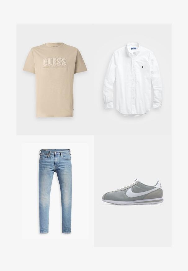 Beige pamut póló, kerek nyakkivágással, dombornyomott "GUESS" logóval és világosabb színű "CLASSIC AMERICAN STYLE" felirattal. Rövid ujjú.; Fehér, hosszú ujjú, gombos férfiing pamutból. Klasszikus gallérral, gombos mandzsettával és egy kis sötétkék hímzett logóval a mellrészen.; Világoskék, slim fit farmernadrág enyhe kopással a combokon, elöl gombos záródással, övbujtatókkal és öt zsebbel, fehér háttérrel.; Szürke sportcipő velúr és textil felsőrésszel, fehér Nike pipa logóval és fehér fűzőkkel. Jellemzője egy texturált gumi talp és párnázott bokarész.