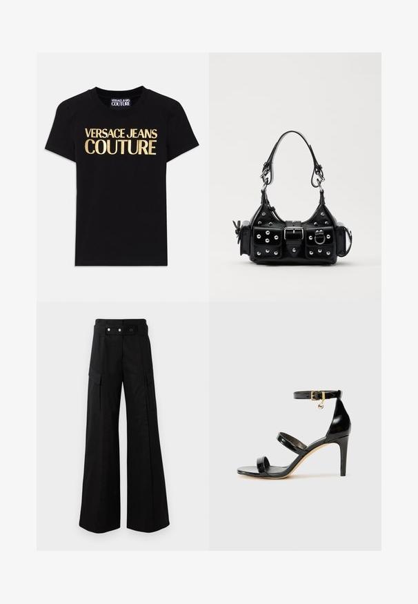 Tricou din bumbac negru, cu inscripția "VERSACE JEANS COUTURE" în litere mari aurii pe față, cu mâneci scurte și guler tip crew.; Pantaloni evazați negri cu talie înaltă, având buzunare laterale mari, două nasturi frontali și un detaliu cu buclă. Confectionați dintr-un material rezistent.; Sandale negre din piele lacuită, cu trei curele, cataramă la glezna și toc stiletto de 10 cm. Prezintă detalii din metal auriu și un charm cu logo.; Geantă de piele neagră cu un design curbat, dotată cu studuri argintii, o cataramă și două buzunare laterale. Curea ajustabilă pentru opțiuni de transport.