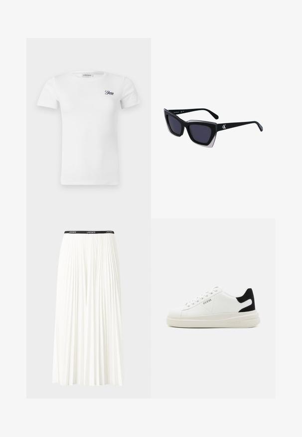Bílý bavlněný tričko s krátkými rukávy a žebrovanou strukturou. Má malé námořnické logo "Guess" na levé části hrudi.; Záhybová bílá sukně s černým elastickým pasem s logem "LACOSTE". Suška je střední délky a má jemnou texturu.; Bílé kožené tenisky s tlustou bílou podrážkou, černým semišovým akcentem na patě a vyraženým logem na boku. Šněrovací design se šesti očka.; Černé oversized sluneční brýle geometrického tvaru, s tmavými skly a kontrastním šedým detailem na rámu. Logo na rameni.