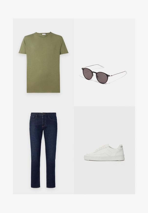 Olive green t-shirt made of soft cotton, featuring a classic crew neck and short sleeves. The fabric has a smooth, even texture.; Emporio Armani 5 POCKETS PANT - Slim fit jeans - blue denim; White leather sneaker with a smooth finish, round toe, flat laces, and a textured sole. Features a subtle logo on the heel.; Black round sunglasses with dark lenses and slim metal arms. Includes clear temple tips and silver accents at the hinge. Minimalist design.