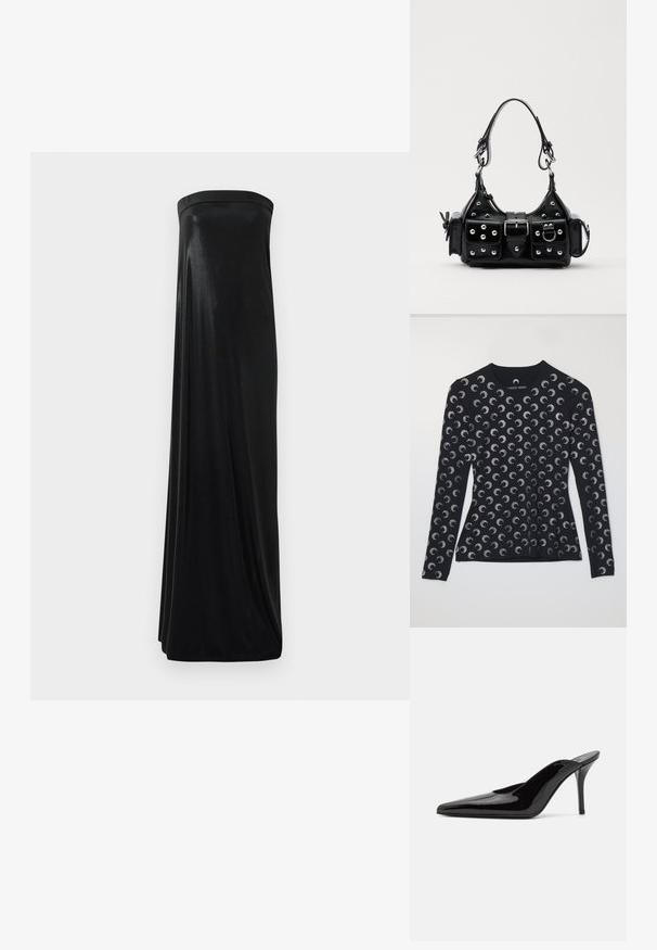 Long-sleeve black top featuring a repeating silver crescent moon pattern, made of soft fabric, with a round neckline and a fitted design.; Black strapless maxi dress made of smooth, shiny fabric. Features a fitted bodice and flowing silhouette, reaching the floor without embellishments.; Black patent leather high-heeled mule with a pointed toe and a sleek silhouette, featuring an open back and a slender stiletto heel.; Black leather handbag with a curved design, featuring silver studs, a buckle, and two side pockets. Adjustable strap for carrying options.